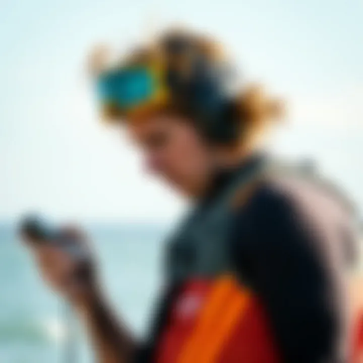 Kiteboarder Analyzing Wind Conditions with a Meter A kiteboarder checking wind conditions with a handheld device