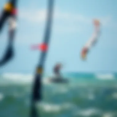 Kiteboarding Scene Highlighting Wind Conditions A serene kiteboarding scene with visible wind flags