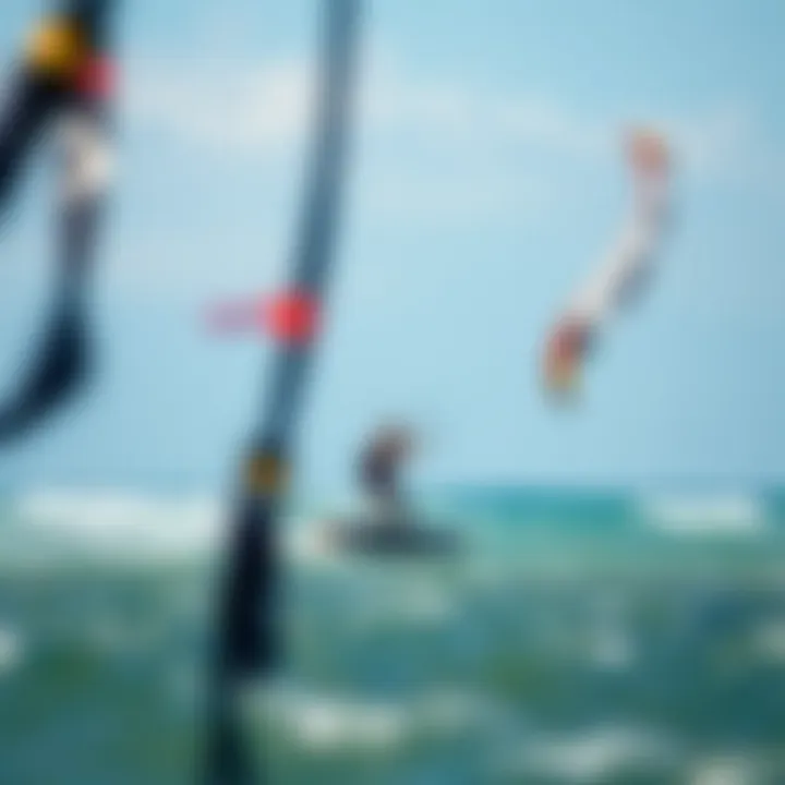 Kiteboarding Scene Highlighting Wind Conditions A serene kiteboarding scene with visible wind flags