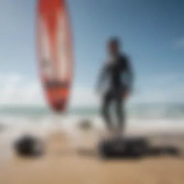 A sunny day at the beach with kiteboarders and their essential gear