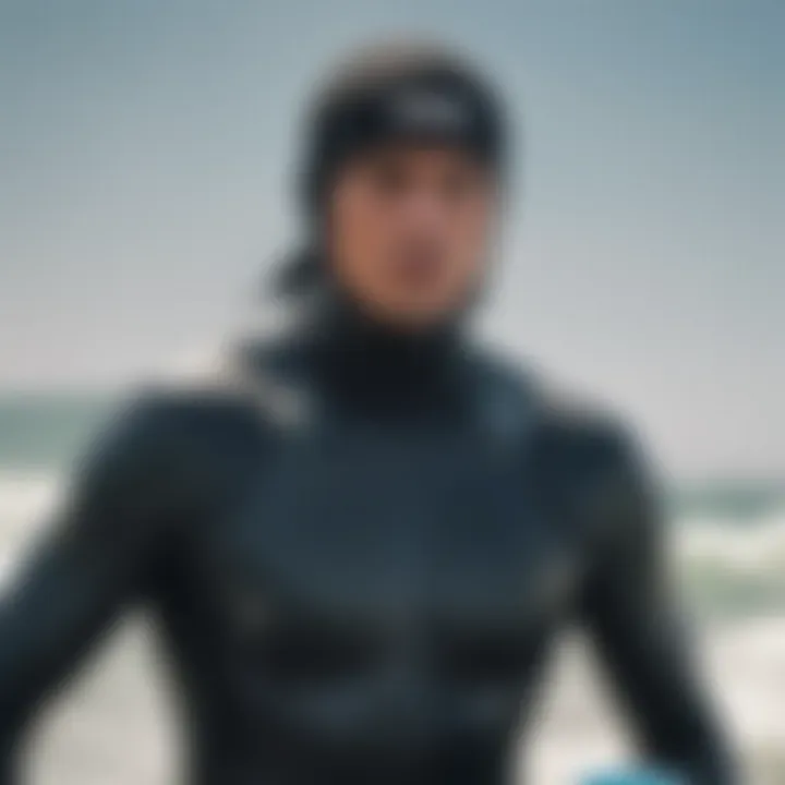 Close-up of a kiteboarder wearing a wetsuit hat while riding a wave