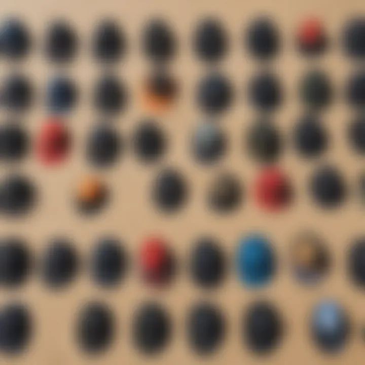 A variety of wetsuit hats displayed on a sandy beach