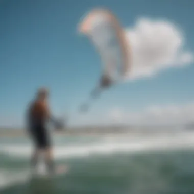 A kiteboarder checking wind conditions with a portable device