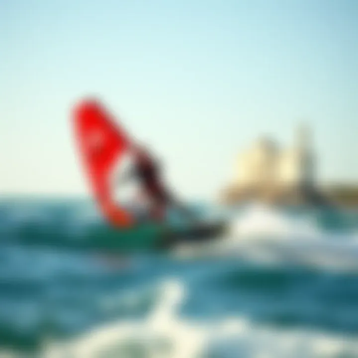 Wing Foiling in Action A scenic shot of wing foiling at a popular location with waves and wind.