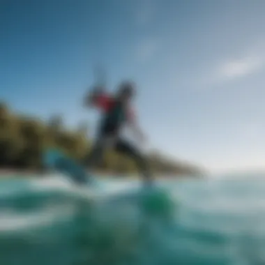 A kiteboarder expertly maneuvering with a wing in a clear blue ocean