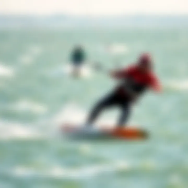 Kiteboarding Performance in Cold Waters A kiteboarder in action wearing a thick winter wetsuit in cold water