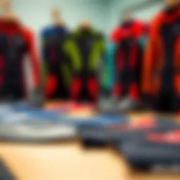 A close-up of various wetsuit thickness options displayed on a table