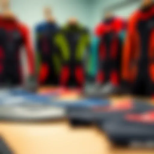 A close-up of various wetsuit thickness options displayed on a table