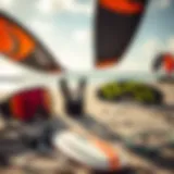 Vanhunks kiteboarding gear displayed on a beach