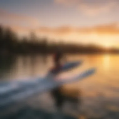 An aerial view of a hydrofoiling session at sunset