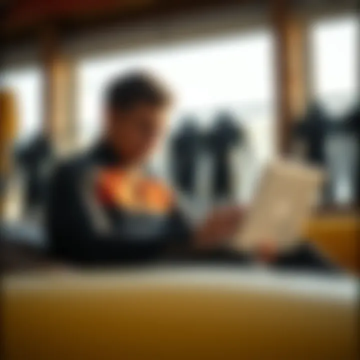 A customer reading reviews on a laptop while browsing wetsuit options online.