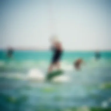 An outdoor scene featuring kiteboarders enjoying a sunny day at the beach.