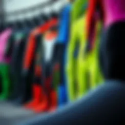 A vibrant display of various wetsuits showcasing different colors and designs.
