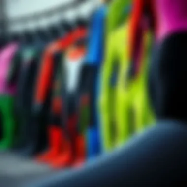 A vibrant display of various wetsuits showcasing different colors and designs.