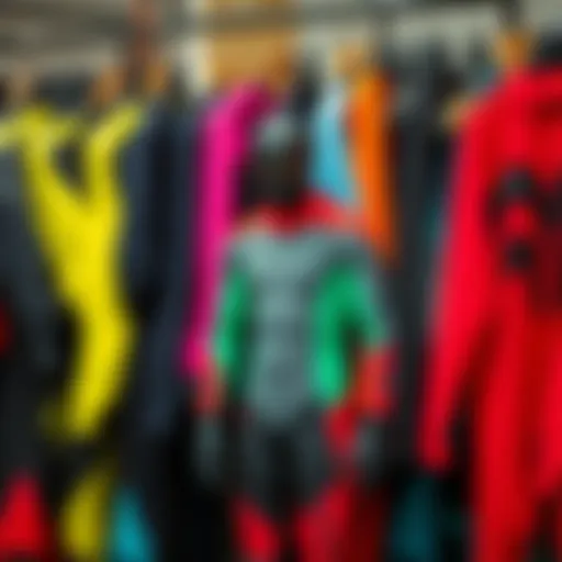 Diverse collection of colorful wetsuits displayed for selection.