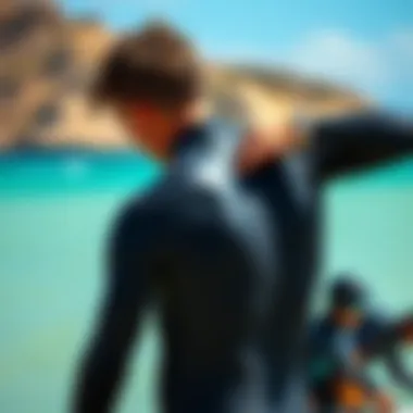 Achieving the Perfect Wetsuit Fit Kiteboarder adjusting wetsuit for optimal fit before hitting the water.