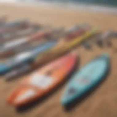 Diversity of Windsurfing Equipment An array of windsurfing equipment laid out on a sandy beach, highlighting the diversity of gear available